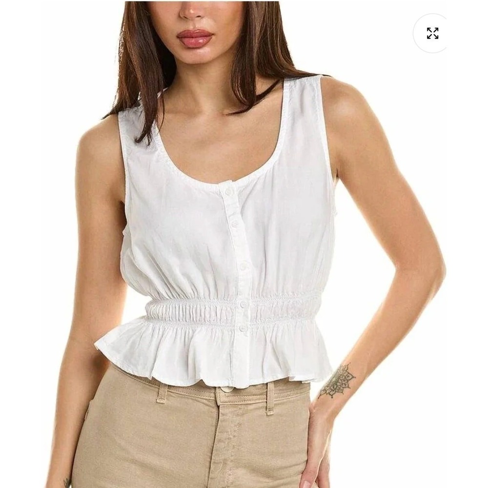 Bella Dahl Top Women Medium White Smocked Waist Button Front Peplum Sleeveless